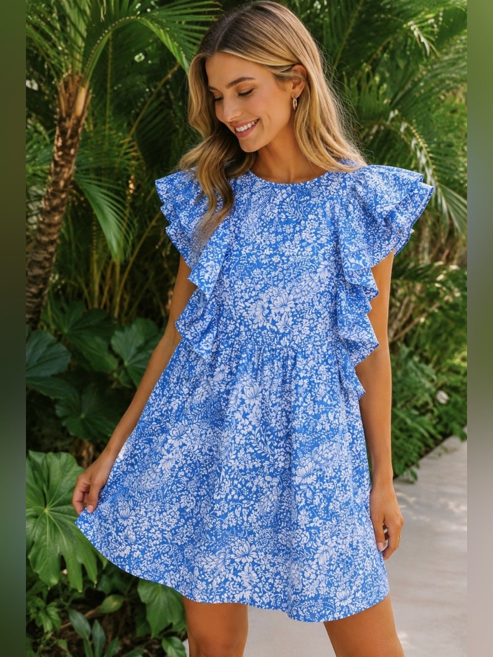 Zara Bloggers Fave Blue Floral Garden Ruffle Mini Dress 100% Cotton Size L